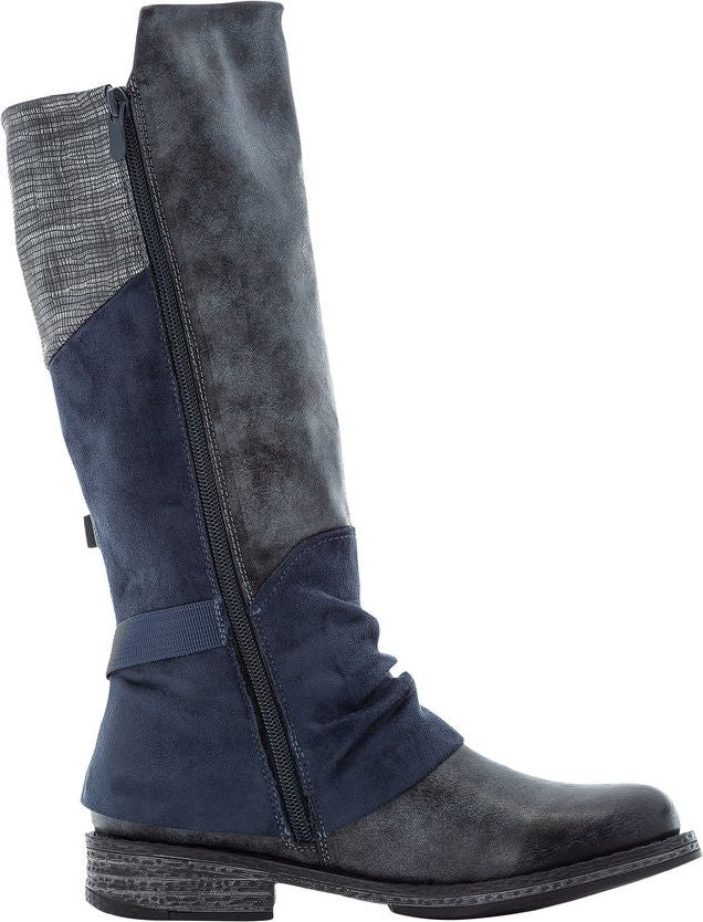 Knee-high boot in blue and gray with a side zipper and horizontal strap.