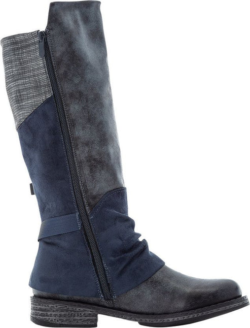 Knee-high boot in blue and gray with a side zipper and horizontal strap.