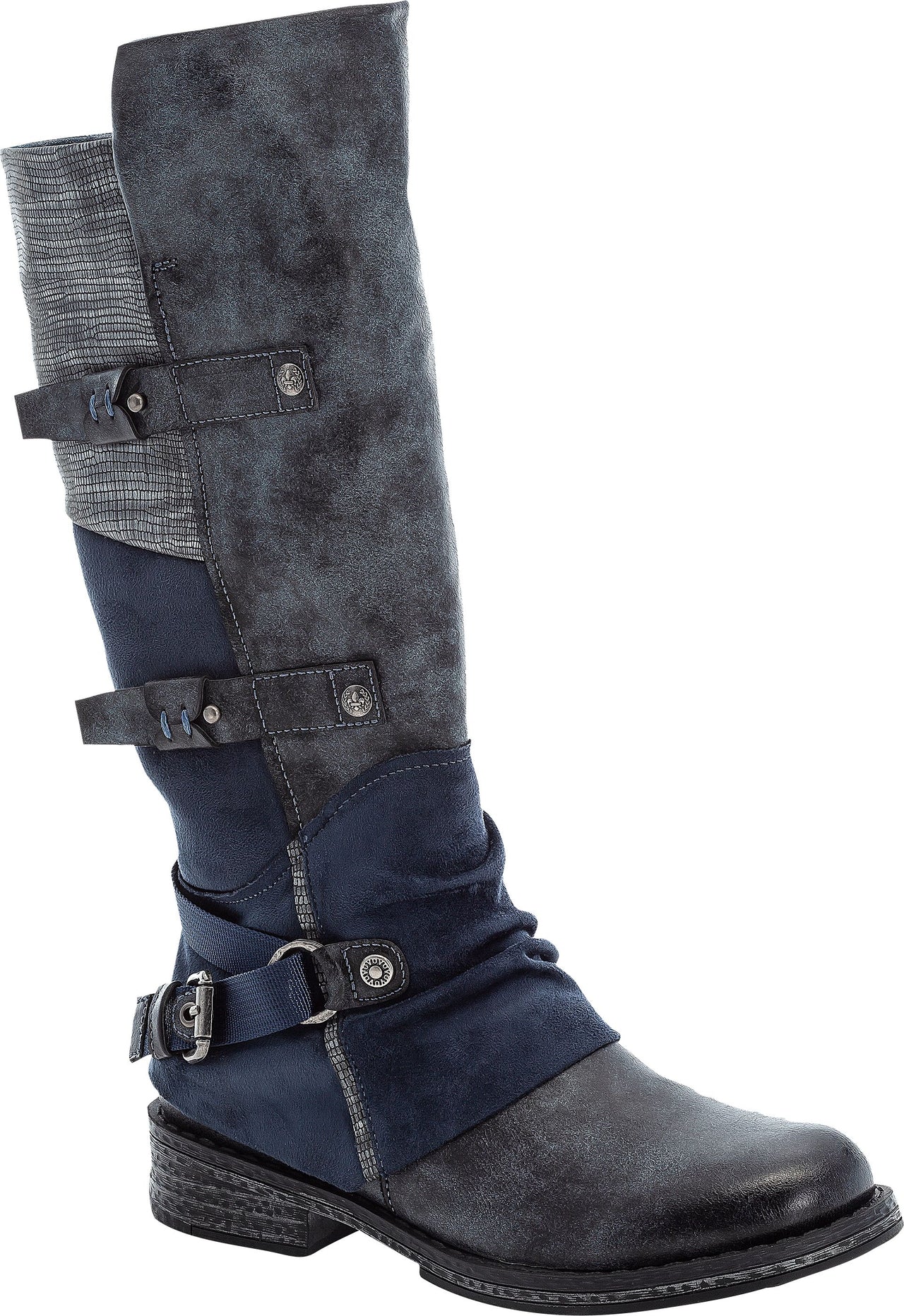 Knee-high boot with a low heel, a round toe, and decorative straps.