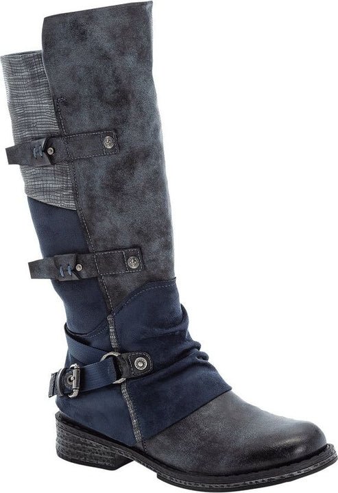 Knee-high boot in blue and gray with decorative straps and buckles.