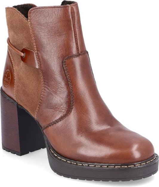 A tan leather ankle boot with suede accent and a chunky heel and platform sole.