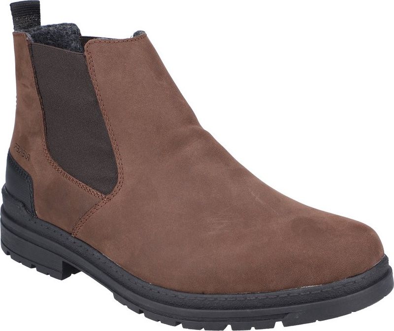 Brown ankle boot with dark elastic panels and dark lug sole.