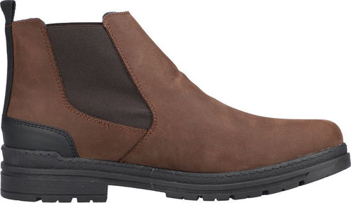 A brown, low cut Chelsea boot with black sole and a black pull-tab.