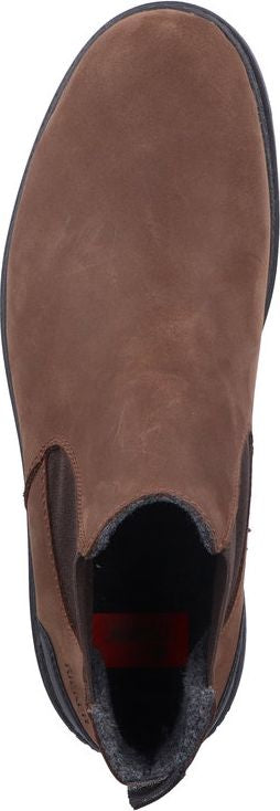 A brown, ankle-high, slip-on boot.