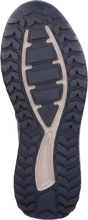 sole of a shoe with a black tread pattern and tan trim