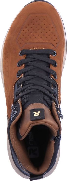 Top-down view of a brown high-top sneaker with black laces.