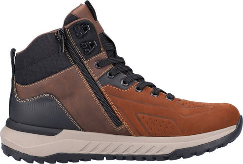 A brown and black high-top hiking shoe with a side zipper and black laces.