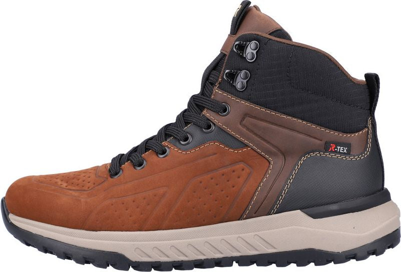 Mid-height brown and black hiking boot with black laces and 'R-TEX' label.
