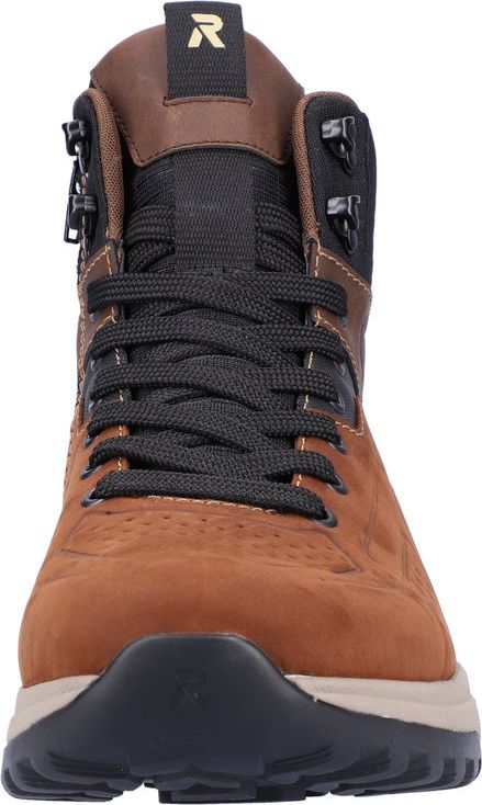 A brown high-top hiking boot with black laces and black eyelets.