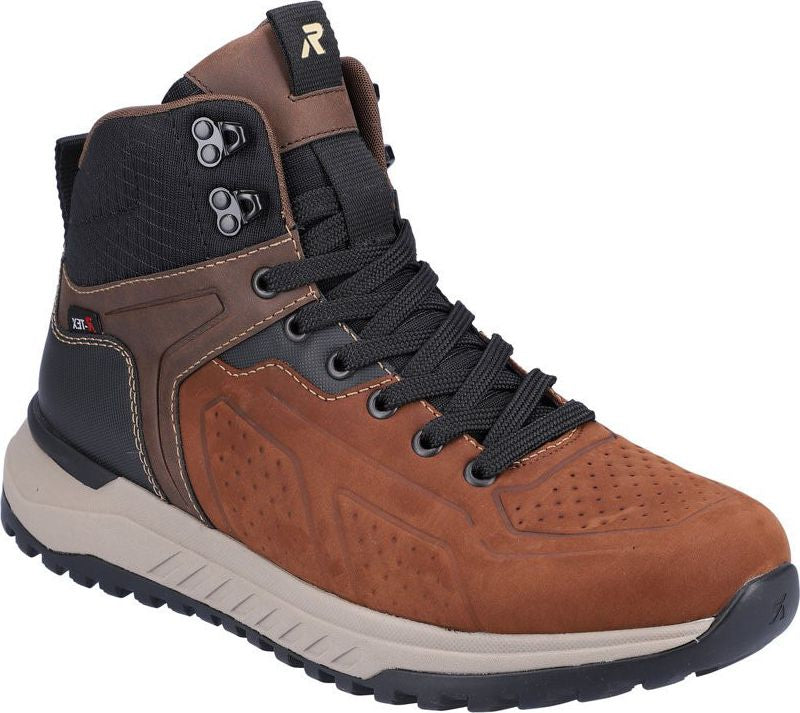 High-top brown boot with black laces, a tan sole, and a logo on the tongue.