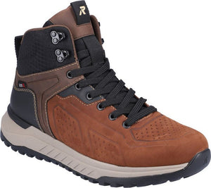 High-top brown boot with black laces, a tan sole, and a logo on the tongue.