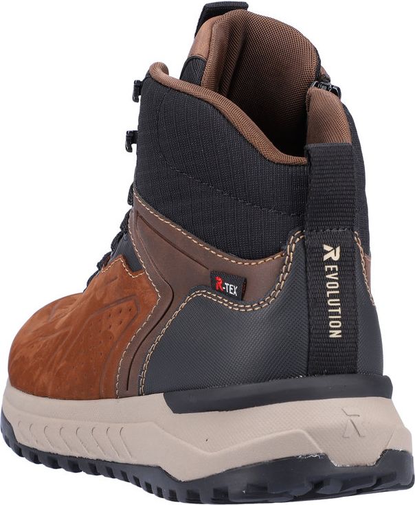Brown and black hiking boot with visible "REVOLUTION" and "R-TEX" text details on the heel.