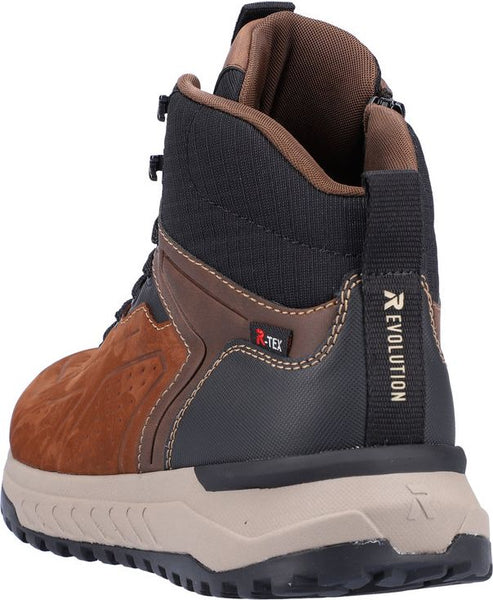 Brown and black hiking boot with visible "REVOLUTION" and "R-TEX" text details on the heel.