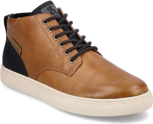 Tan, mid-top lace up shoe with a white sole.
