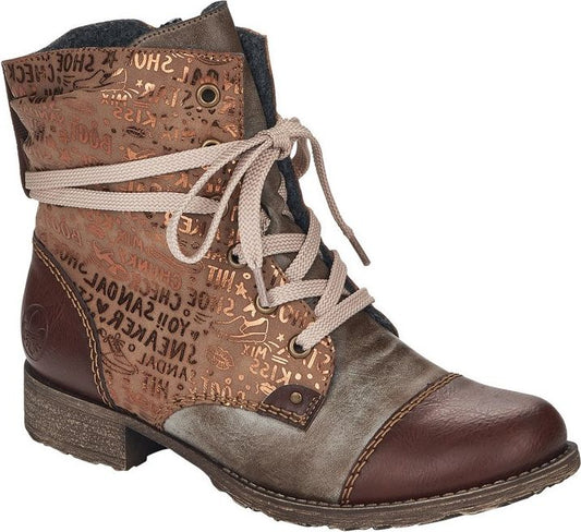 Ankle boot, folded to reveal gray wool interior, laces, with printed text and brown leather.