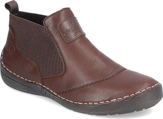 Chelsea style brown leather shoe with elastic side, stitched sole and heel loop.