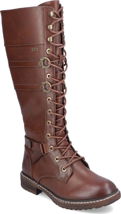 Knee-high brown lace-up boot with metal eyelets and buckles.