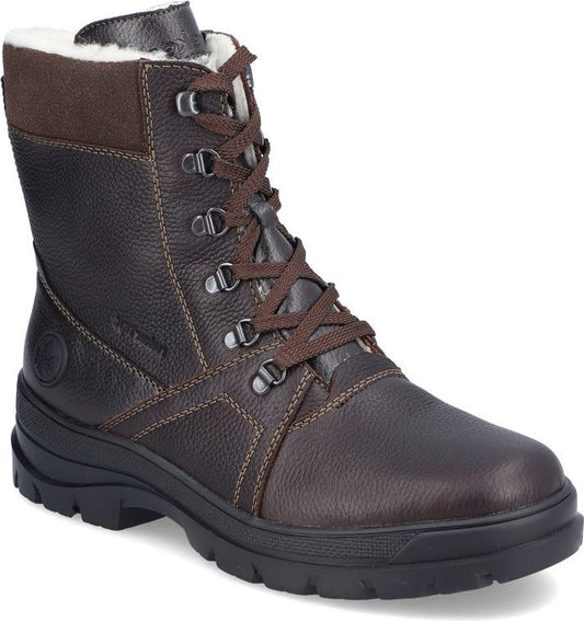 Brown leather lace-up boot with faux fur lining and a dark lug sole.