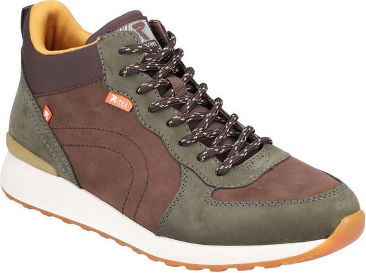 Mid-top brown shoe with olive green and orange accents, featuring laces, and a white midsole.