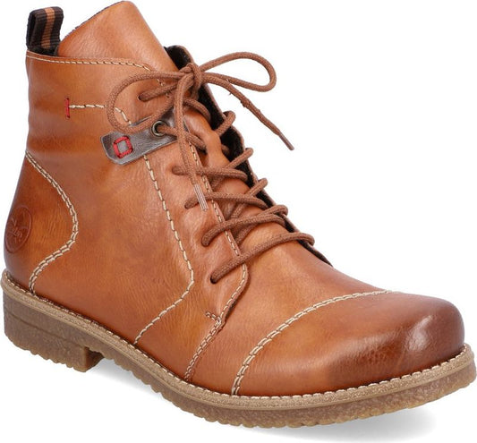 Tan ankle boot with lace-up closure and a low heel.