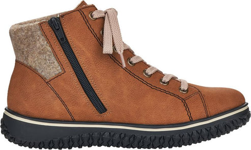 Tan ankle boot with a side zipper, tan laces, and a black sole