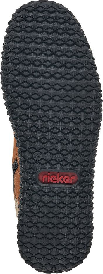 The sole of a shoe with a black diamond pattern and the word "rieker" in red.