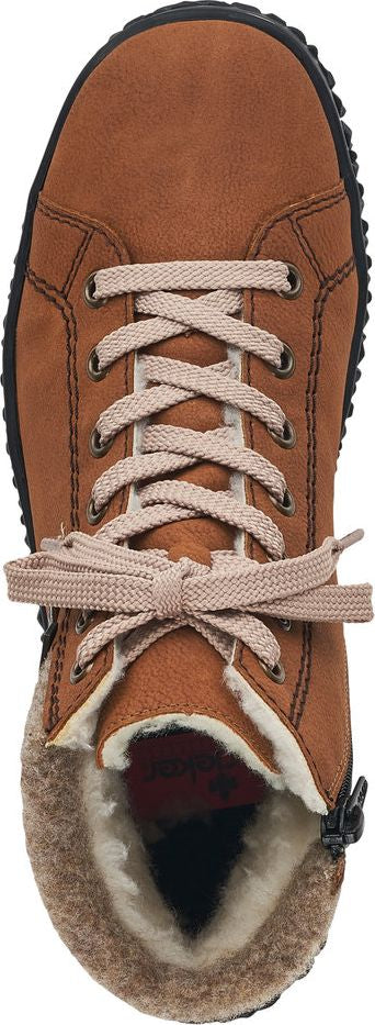 A brown boot with beige laces, fur lining, and a black sole.