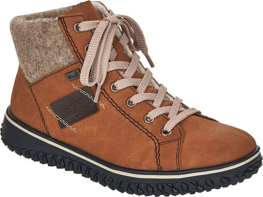 Brown ankle boot with laces and felt collar.