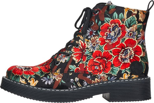 Floral lace-up boot with a black sole.