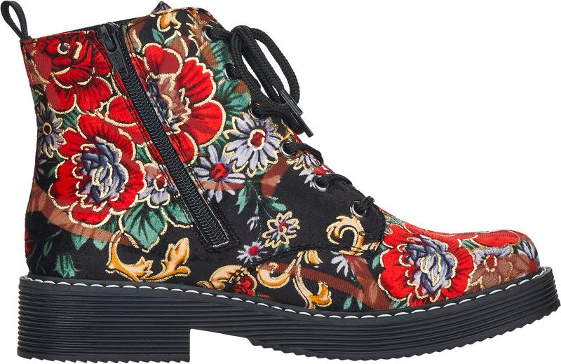 Floral-patterned, lace-up, ankle-high boot with a side zipper and a black lug sole.