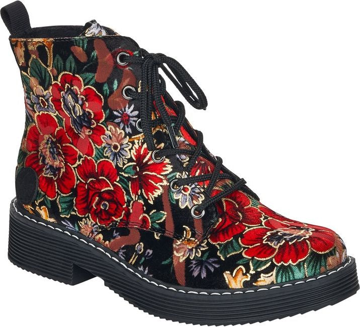 Floral velvet ankle boot with a lace-up closure and a lug sole.