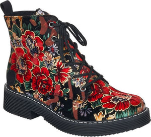 Floral velvet ankle boot with a lace-up closure and a lug sole.