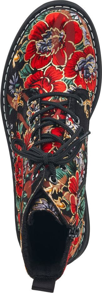 A floral patterned lace-up boot.