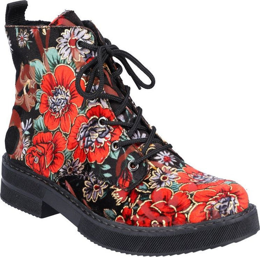 Floral print combat boot with black laces and sole.
