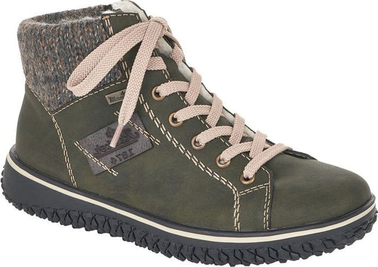 Olive green ankle boot with light pink laces, gray knit cuff, and dark sole.