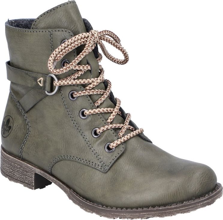 Olive green ankle boot with lace-up closure, metal eyelets, a strap detail and a low block heel.