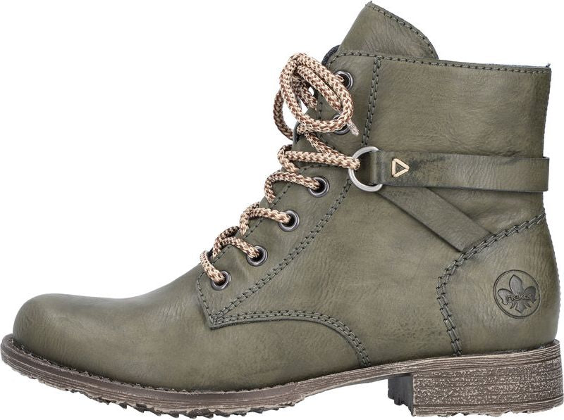 Olive green lace-up ankle boot with strap detail.