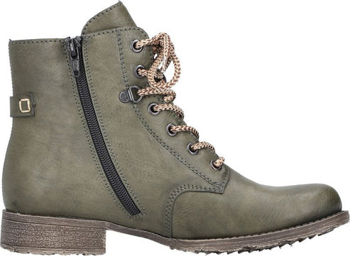 Olive-green ankle boot with a side zipper, lace-up front, and a low heel.