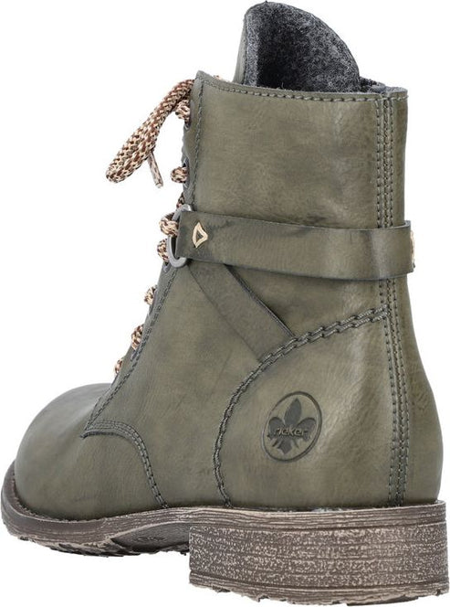 Khaki ankle boot with laces, buckle strap, treaded sole and emblem on outer ankle.