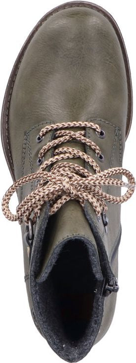 Olive green lace-up boot with patterned laces and a side zipper.