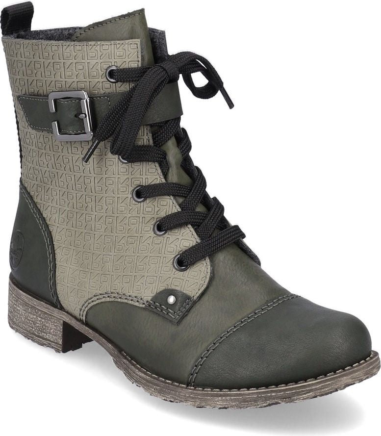 Olive green lace-up ankle boot with buckle and logo pattern.