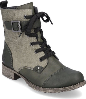 Olive green lace-up ankle boot with buckle and logo pattern.