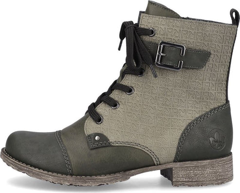 Olive green ankle boot with laces, buckle, and subtle repeating pattern on the upper shaft.