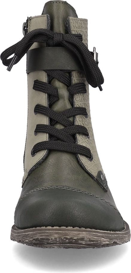 A front view of an olive-green ankle boot with black laces.