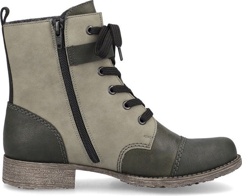 Ankle-high lace-up boot in two-tone gray, with a low heel and side zipper.