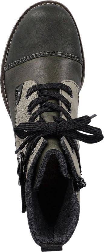 Olive and grey boot with black laces.