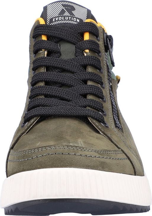 Olive green high top sneaker with black laces, side zipper, and the text "Evolution" visible on the tongue.