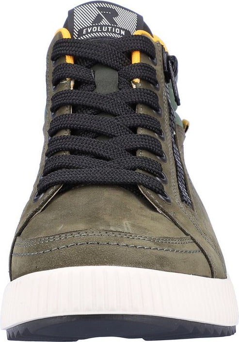 Olive green high top sneaker with black laces, side zipper, and the text "Evolution" visible on the tongue.