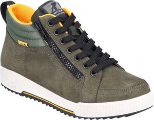 Olive-green high-top sneaker with black laces, side zipper, white midsole and orange interior trim.