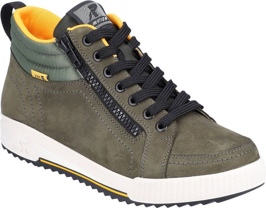 Olive-green high-top sneaker with black laces, side zipper, white midsole and orange interior trim.